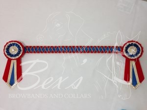 3/4" Ribbon Show Browband: Red velvet, Light Navy satin and Gold cord wide diamond outline. Pleated rosettes with plain Gold double row crystal rings and plain centres. V shaped rosette tails with Gold crystal flag tips.