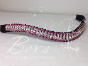 Curved 3/4" Preciosa Crystal Browband: Clear (Silver casing) 6mm, Light Rose 3mm and Fuchsia 3mm. Shown here with a matching stock pin.