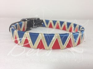 Ribbon Leather Dog Collar: Light Navy and Red satin with Gold metallic lame shark tooth zig zag