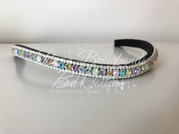 1/2" Preciosa crystal curved browband - Pastel Rainbow Unicorn 6mm, White Opal 3mm
